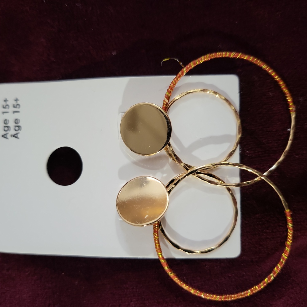 Double Gold Hoops Red Earrings